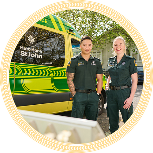 Two ambulance officers standing next to an ambulance