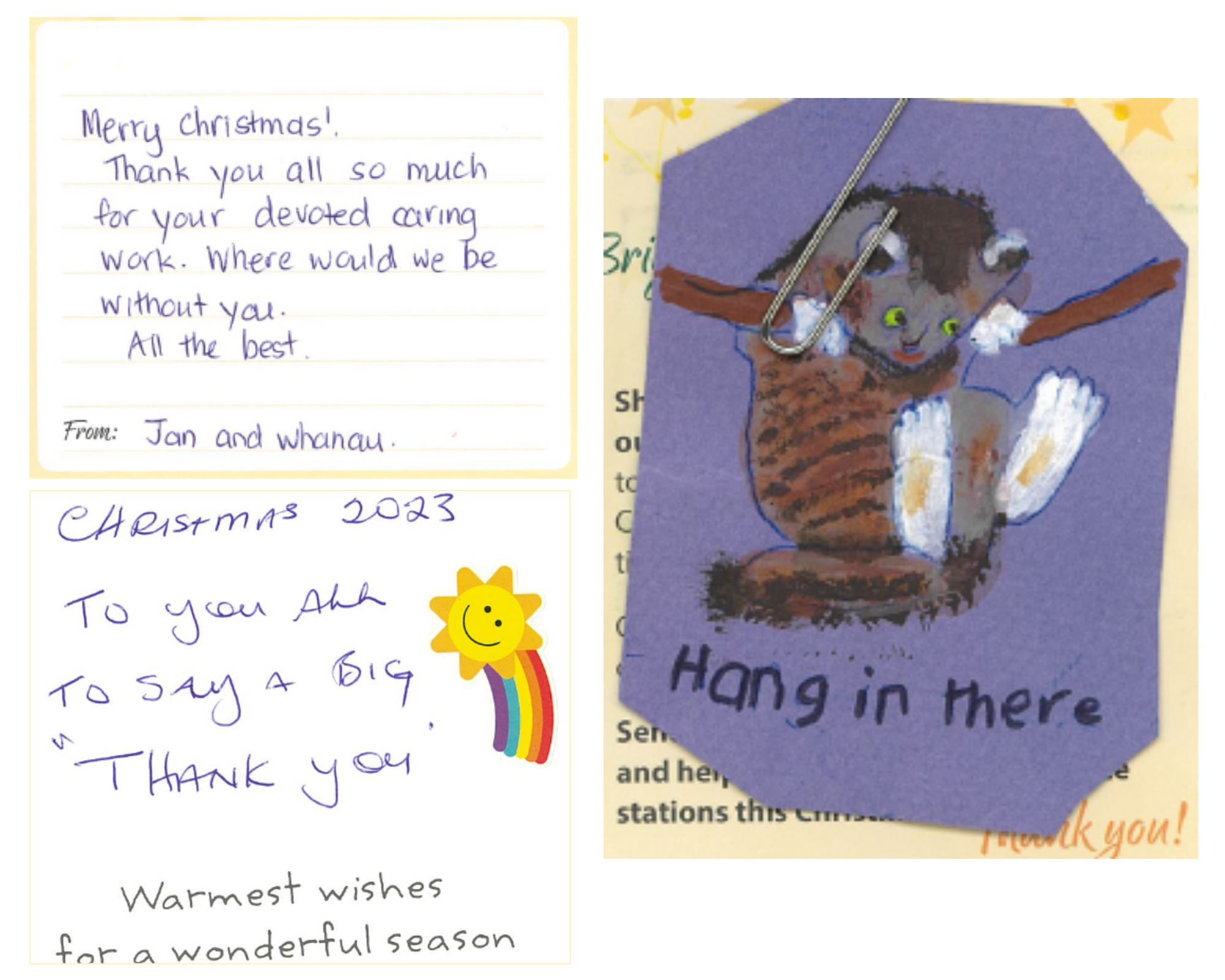Two messages of thanks and a drawing of a cat with the word 'hang in there'