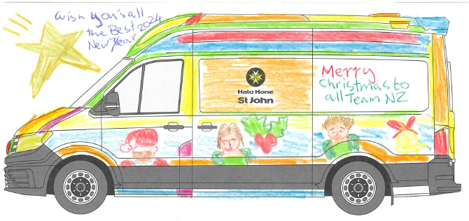 Festive coloured in ambulance with season's greetings messages