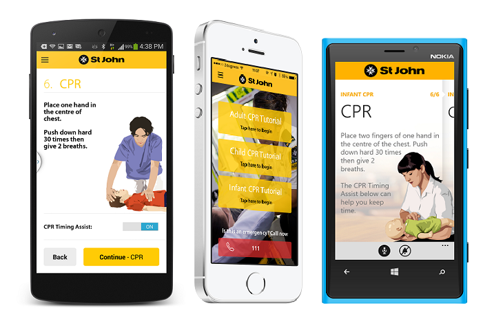 Screenshots of the Android, iOS 7 and Windows Phone 8 versions of the CPR app. Screenshots of the Android, iOS 7 and Windows Phone 8 versions of the CPR app.
